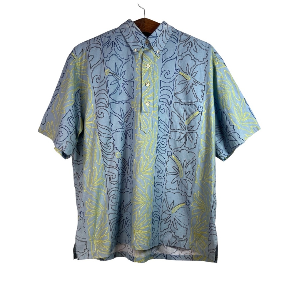 Hilo Hattie Mens Blue Yellow Hawaiian Floral 1/4 Button Down Shirt Size XL FLAW